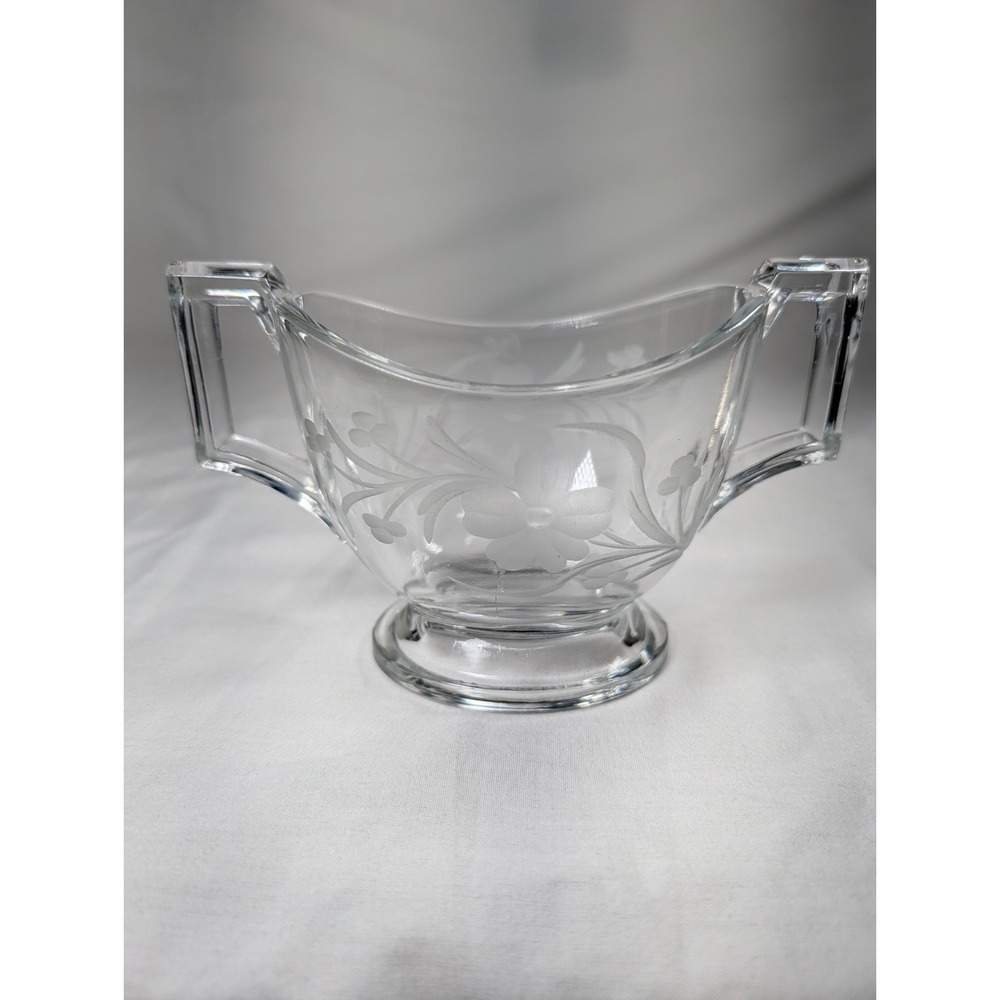 Vintage Heisey Crystal Glass Open Sugar Bowl Etched Floral Design 1930's
